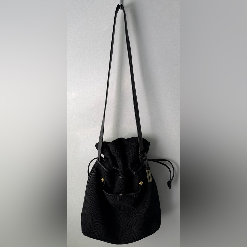 Vintage Americana By Sharif Black Fabric and Leather Drawstring Bag